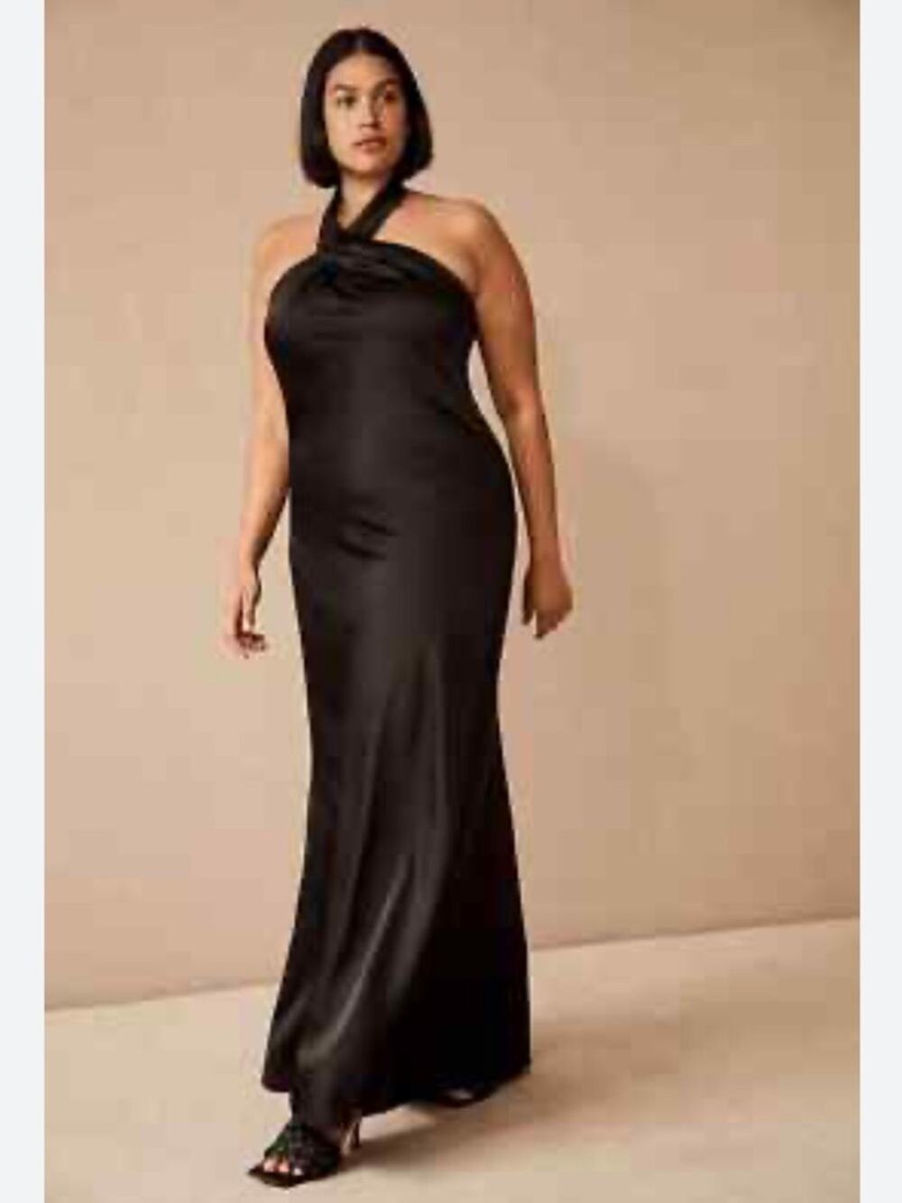 BHLDN Ruby Twist Halter Satin Maxi Dress Black Sz 16W NWT Anthro Missing Button